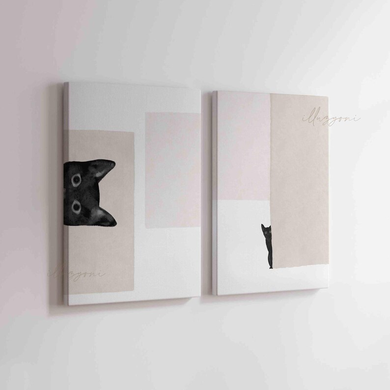 May include: Two abstract art prints featuring black cats peeking from behind geometric shapes in shades of beige and pink.