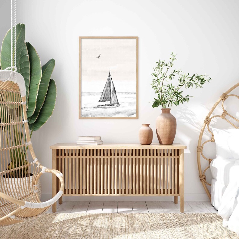 Sailboat Print Printable Wall Art Black and White Nautical Etsy