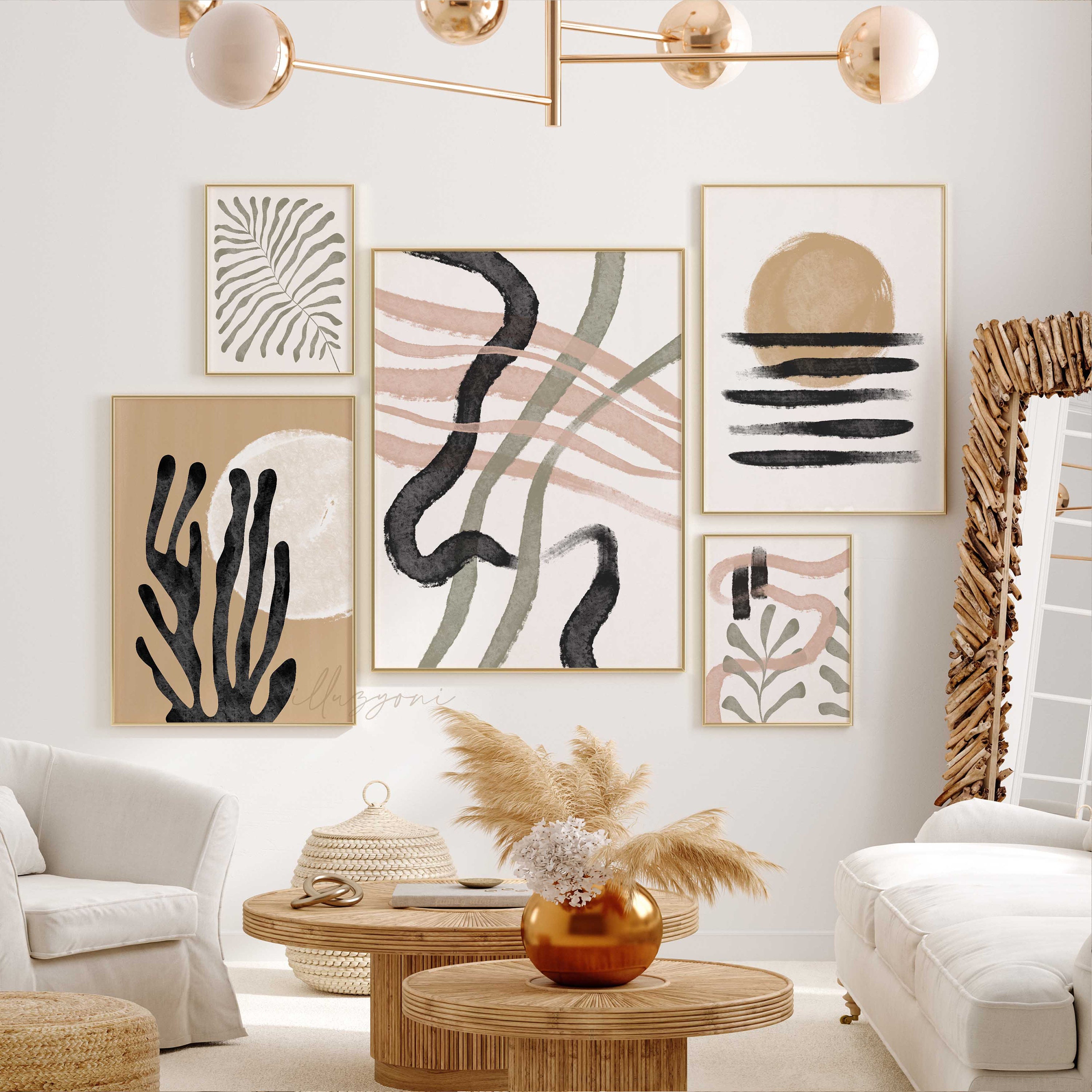 Boho Abstract Set of 5 Prints, Printable Wall Art, Boho Home Decor ...