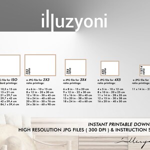 May include: A chart showing the different sizes of JPG files for printing photos in various standard and non-standard aspect ratios. The chart includes the dimensions in inches and centimeters for each size. The text "INSTANT PRINTABLE DOWNLOAD HIGH RESOLUTION JPG FILES (300 DPI) & INSTRUCTION SHEET" is at the bottom of the chart.