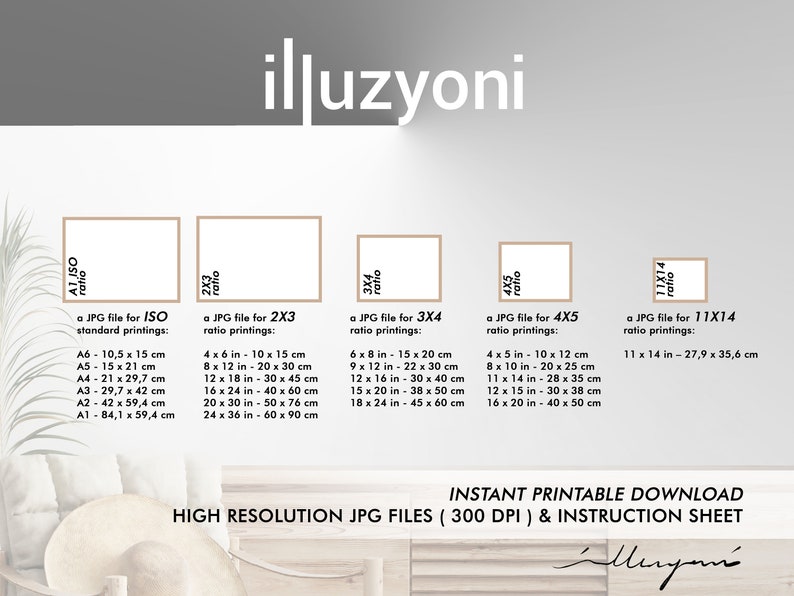 May include: A chart showing the different sizes of JPG files for printing photos in various standard and non-standard aspect ratios. The chart includes the dimensions in inches and centimeters for each size. The text "INSTANT PRINTABLE DOWNLOAD HIGH RESOLUTION JPG FILES (300 DPI) & INSTRUCTION SHEET" is at the bottom of the chart.