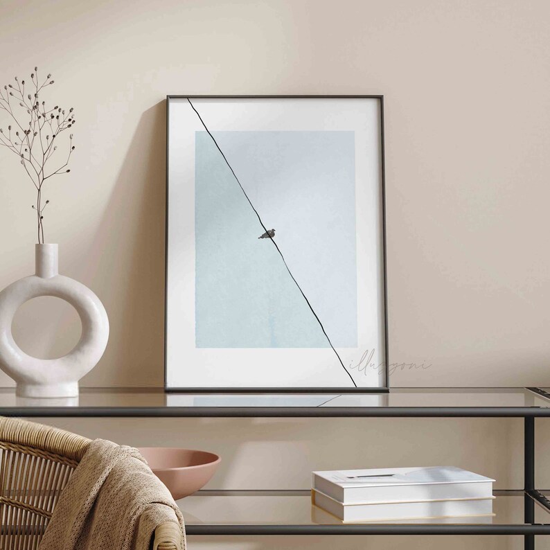 May include: A framed print with a minimalist design featuring a single bird perched on a wire against a light blue background. The print is framed in black and has the word "illusions" written in the bottom right corner.
