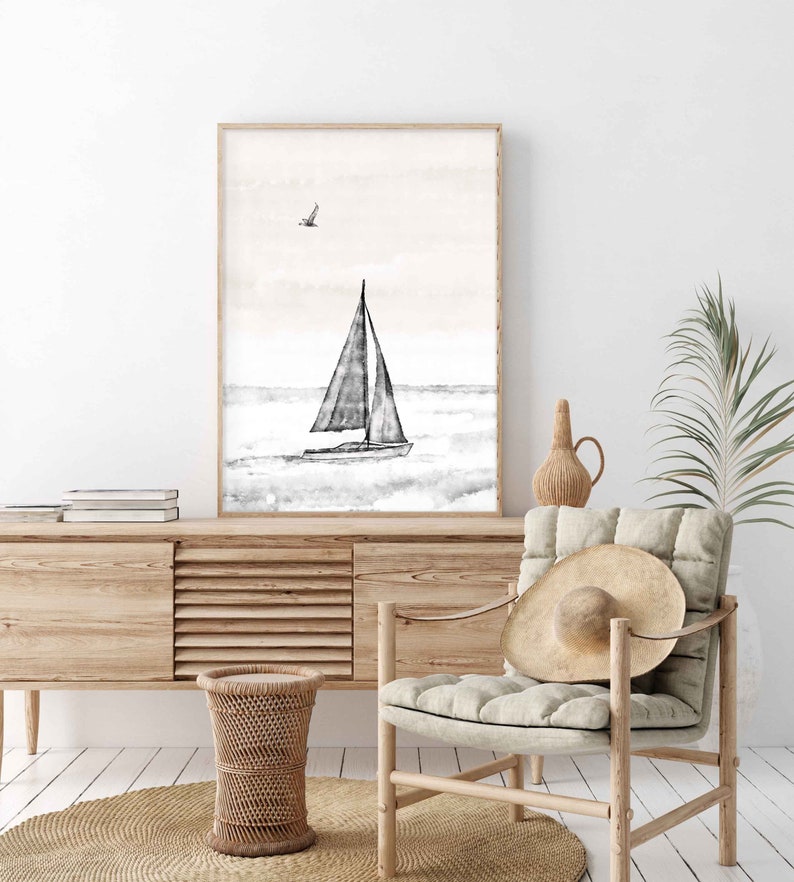 Sailboat Print Printable Wall Art Black and White Nautical Etsy