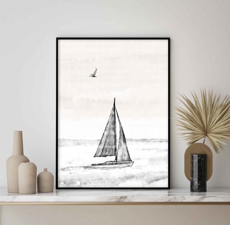 Sailboat Print Printable Wall Art Black and White Nautical Etsy