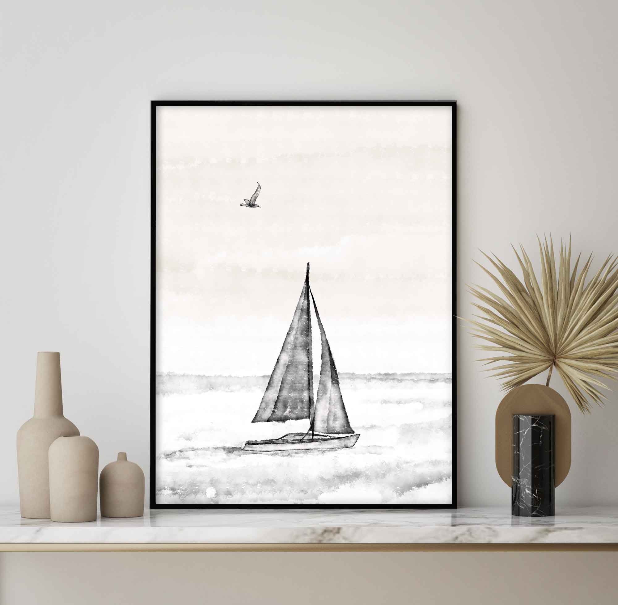 Sailboat Print Printable Wall Art Black and White Nautical | Etsy