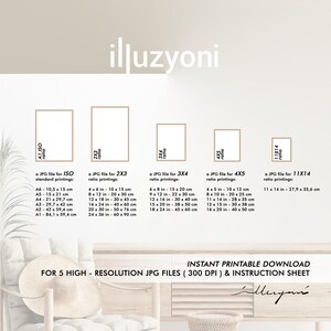 May include: A digital download for five high-resolution JPG files of printable art in various sizes. The sizes are listed in inches and centimeters. The text "INSTANT PRINTABLE DOWNLOAD FOR 5 HIGH-RESOLUTION JPG FILES (300 DPI) & INSTRUCTION SHEET" is at the bottom of the image.