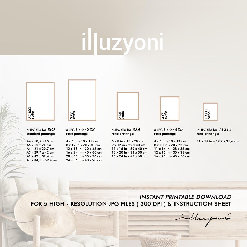 May include: A digital download for five high-resolution JPG files of printable art in various sizes. The sizes are listed in inches and centimeters. The text "INSTANT PRINTABLE DOWNLOAD FOR 5 HIGH-RESOLUTION JPG FILES (300 DPI) & INSTRUCTION SHEET" is at the bottom of the image.