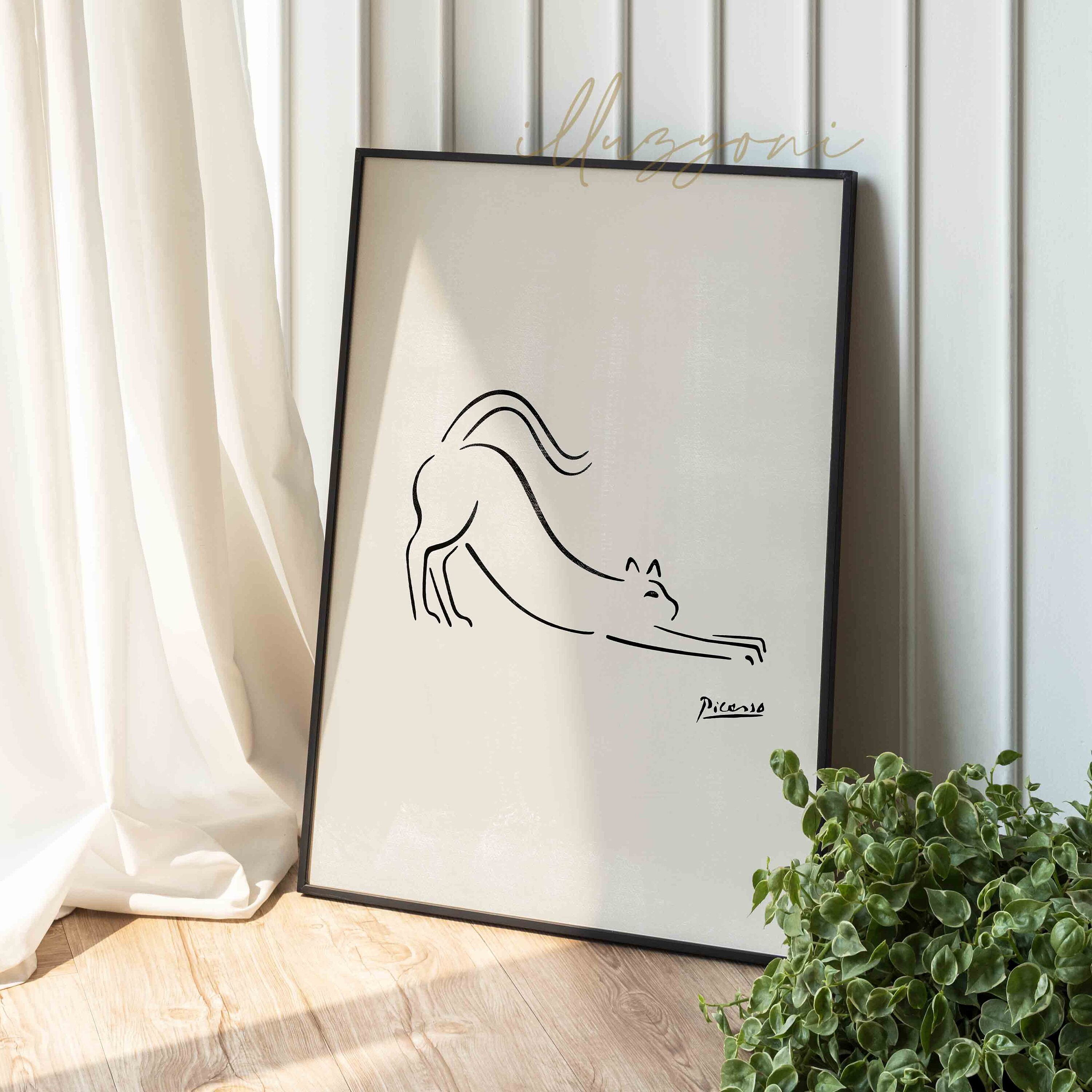 抽象的なピカソの猫の絵、印刷可能な壁アート、モダンなワンライン