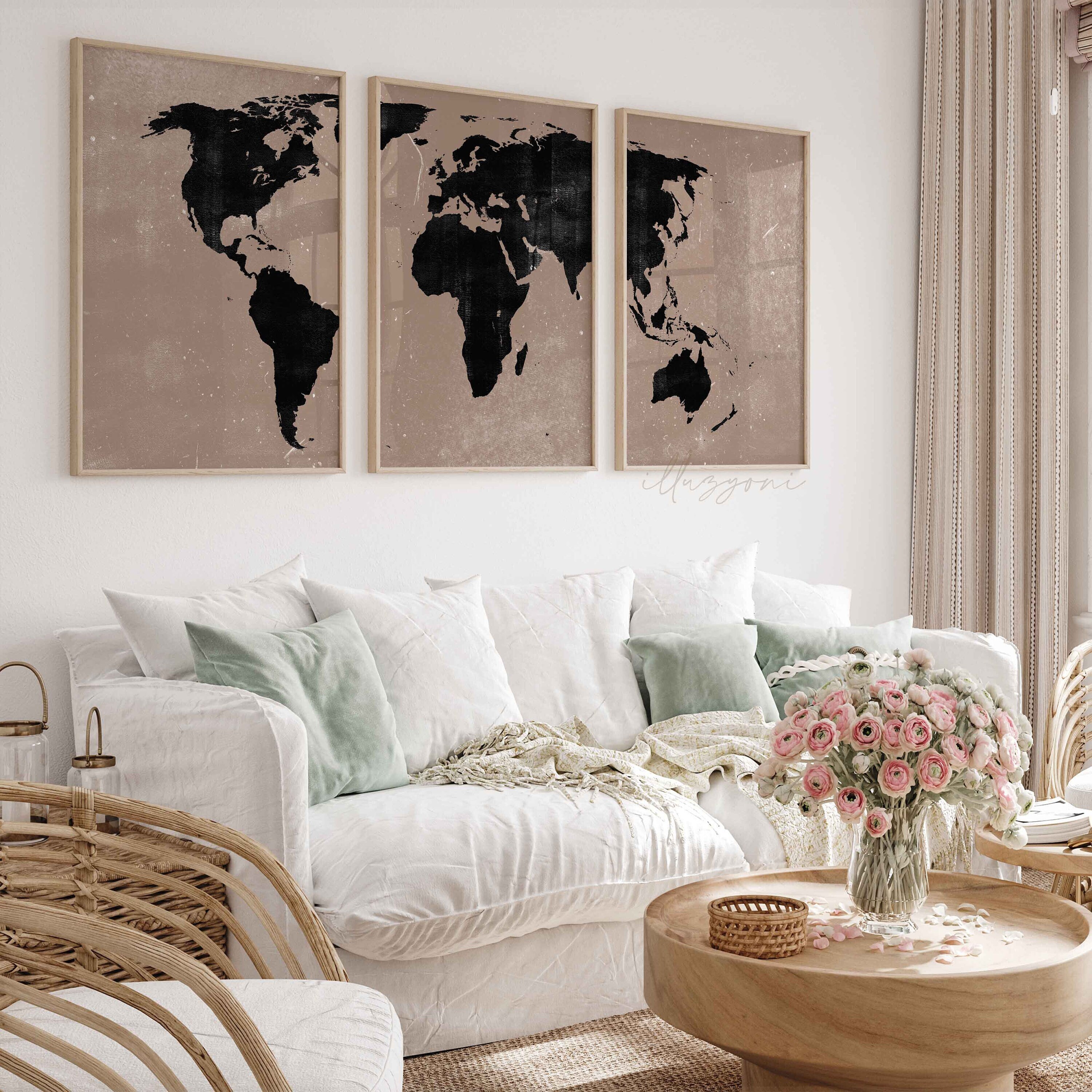 World Map Set of 3 Prints, Printable Wall Art, World Piece Wall Art ...