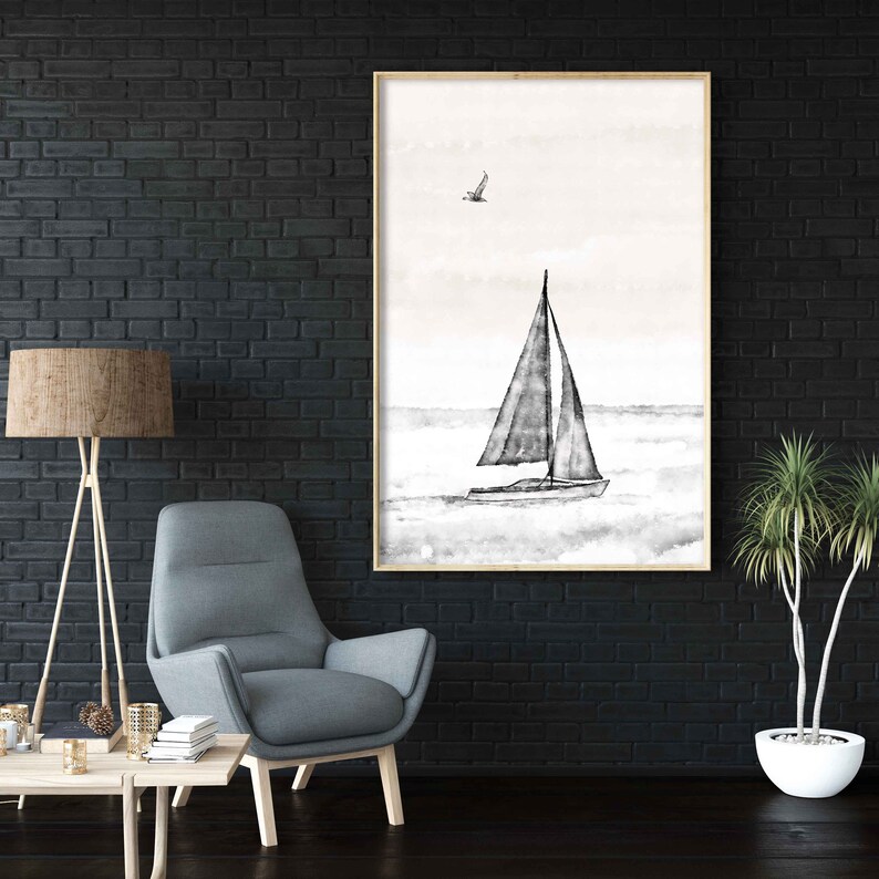 Sailboat Print Printable Wall Art Black and White Nautical | Etsy