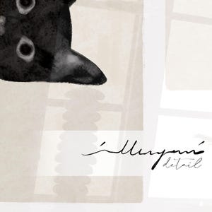 May include: A black cat's head peeking over a white and beige patterned background. The background has a subtle texture and the cat's fur is painted in a dark, almost black, shade. The image is signed "'llluyami' detail" in the bottom right corner.