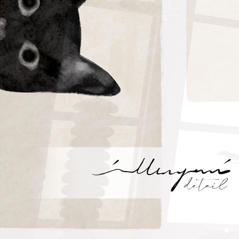 May include: A black cat's head peeking over a white and beige patterned background. The background has a subtle texture and the cat's fur is painted in a dark, almost black, shade. The image is signed "'llluyami' detail" in the bottom right corner.