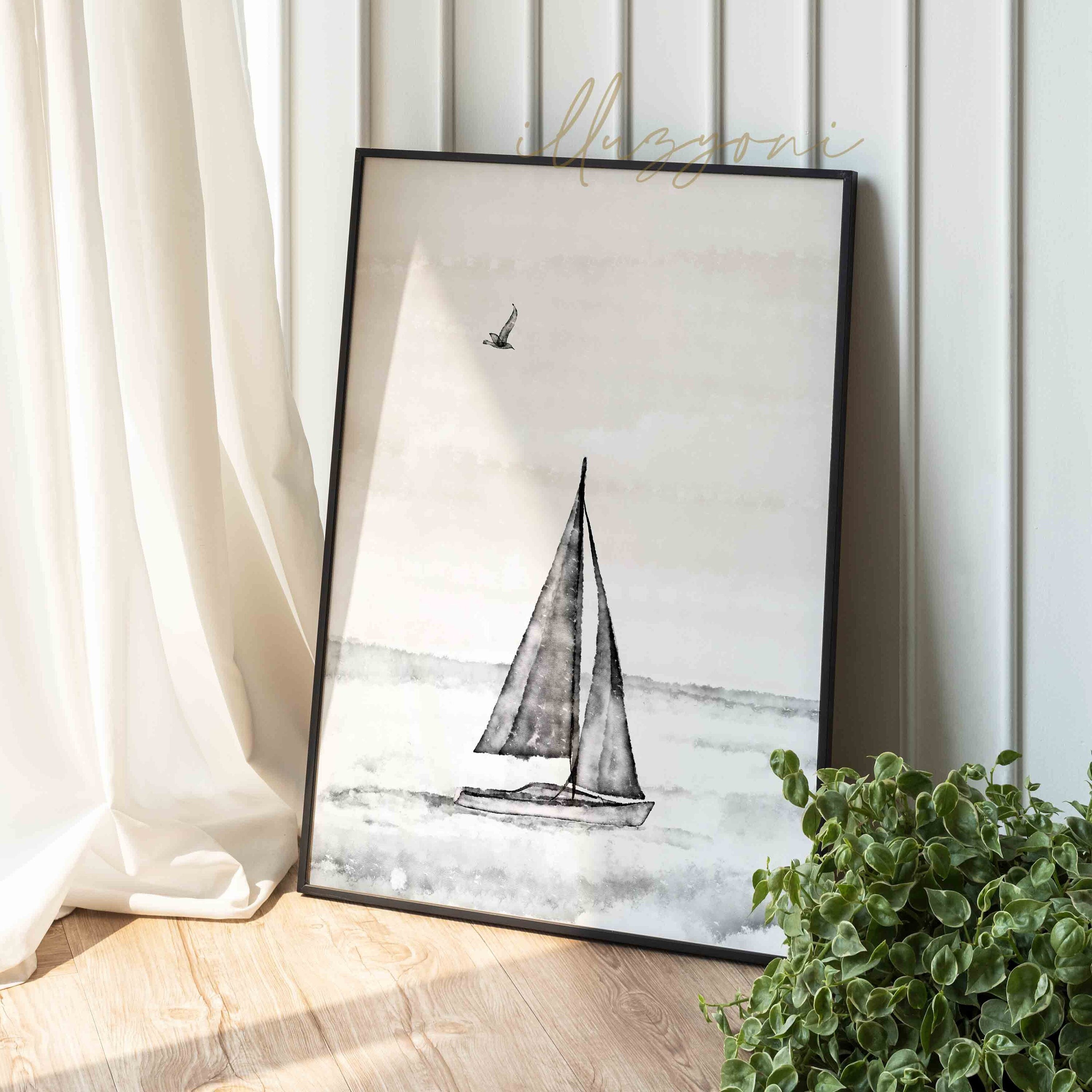 Sailboat Print, Printable Wall Art, Black and White, Nautical Wall Art ...