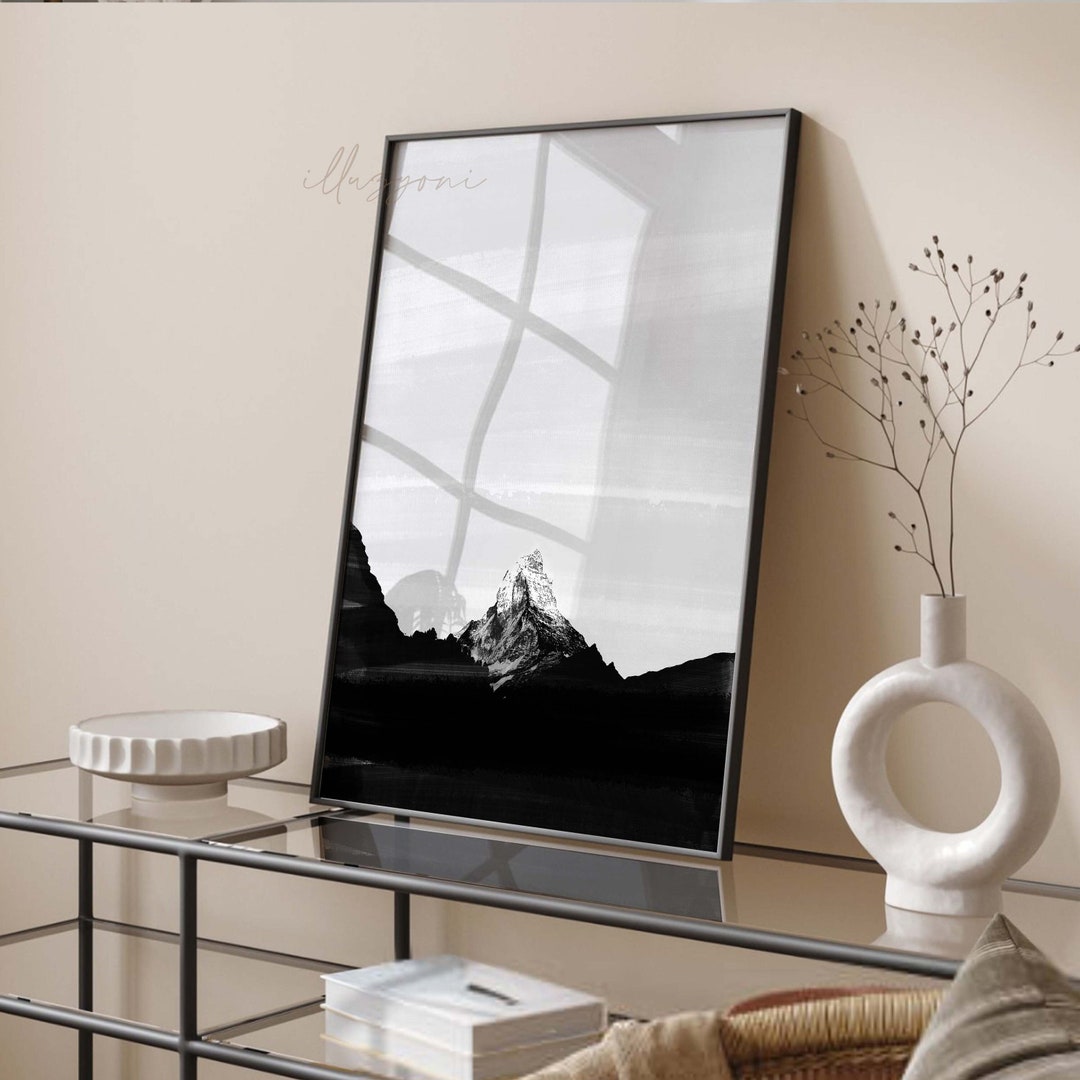 Abstract Mountain Poster, Landscape Watercolor, Black and White ...