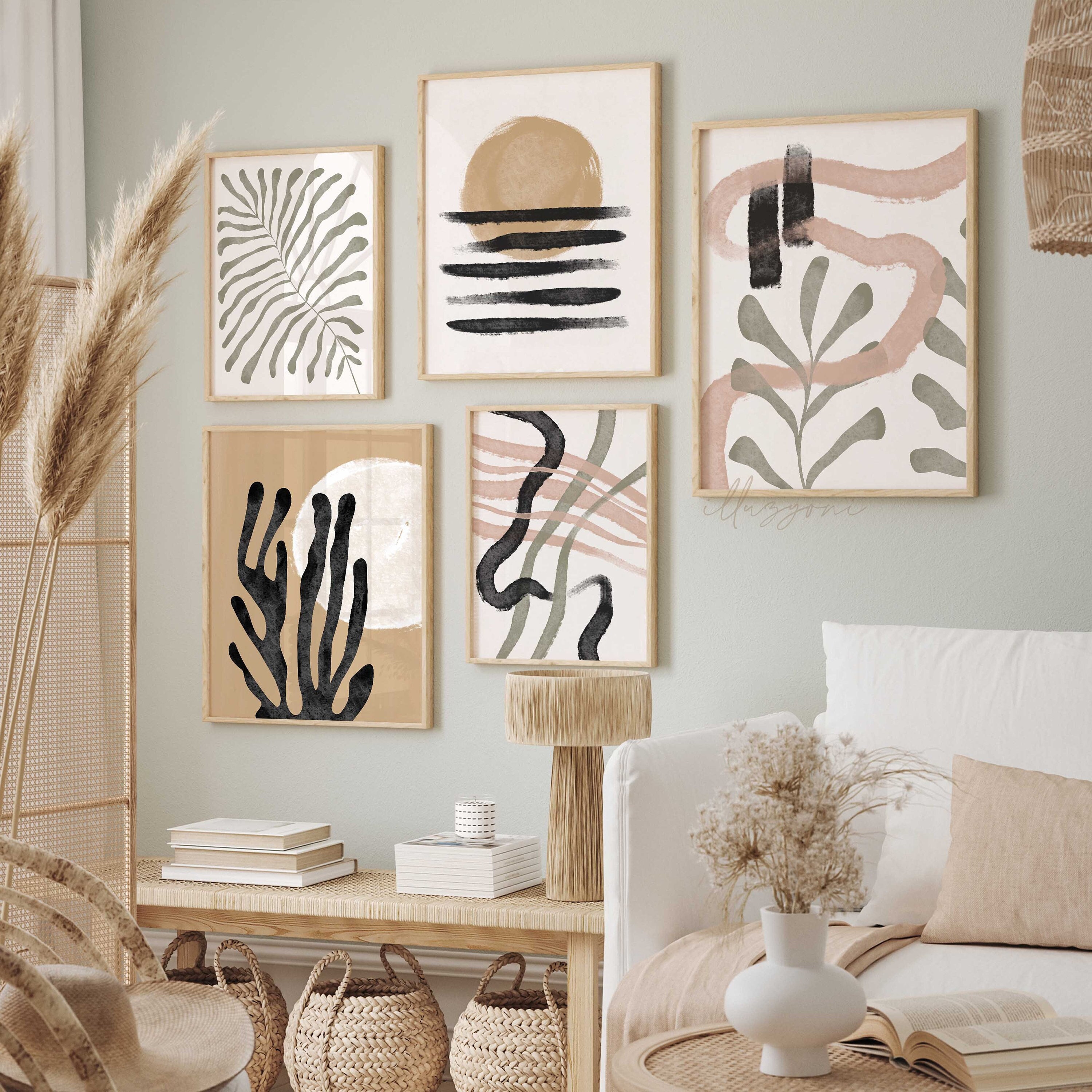 Boho Abstract Set of 5 Prints, Printable Wall Art, Boho Home Decor ...