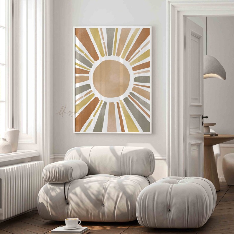 May include: A digital art print of a stylized sun with rays in shades of brown, yellow, and gray. The sun is centered on a white background.