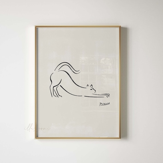 抽象的なピカソの猫の絵、印刷可能な壁アート、モダンなワンライン