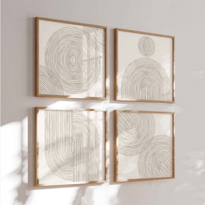 Boho Set von 4 Prints, neutrale Töne, druckbare Wandkunst, Mid Century, Boho Home Zeichnung, geometrischer digitaler Download, moderne Regenbogenmalerei