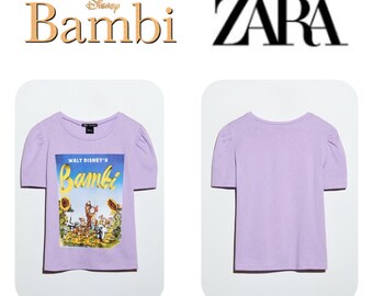 ZARA x DISNEY Film Print Bambi Women s T Shirt Purple LARGE Crop Gift for Her