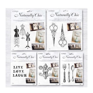 May include: Five packages of decorative stencils with the text "Naturally Chic". The stencils feature various designs, including dress forms, scissors, a fleur-de-lis, and cutlery. One stencil reads "Live Love Laugh".