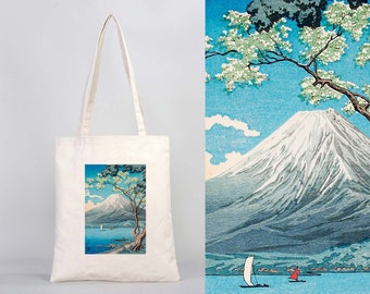 Mount Fuji from Lake Yamanaka printed Canvas Bag l 8 Custom Colors Handle l 320 gr 100% Natural Cotton Fabric l Non-toxic Eco-friendly Print