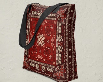 Traditional Palestinian Tatreez All Over Print Tote Bag | Red Black Beige Folk Design