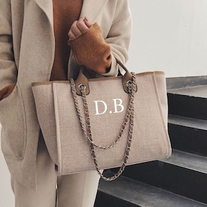 Personalisierte Kette Monogramm Canvas Tragetasche | Urlaub Travel Airport Strandtasche | Geburtstags Henne Geschenk | Braut Brautjungfern | Geschenke für Sie.