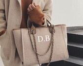 Personalised Chain Monogram Canvas Tote Bag Shoulder Bag Ladies Custom Handbag Birthday Hen Gift Bride Bridesmaids Gifts For Her.