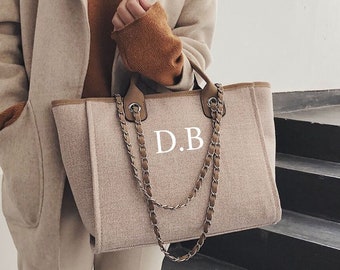 Gepersonaliseerde ketting Monogram canvas draagtas | Vakantie reizen luchthaven strandtas | Verjaardag kip cadeau | Bruid Bruidsmeisjes | Cadeaus voor haar.