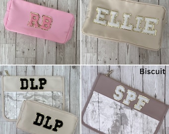 Personalised Nylon Make Up Cosmetic Travel Bags with Chenille Patches | Bridesmaids | Holiday | Hen Party | Toiletry Bag | Bag With Letters.