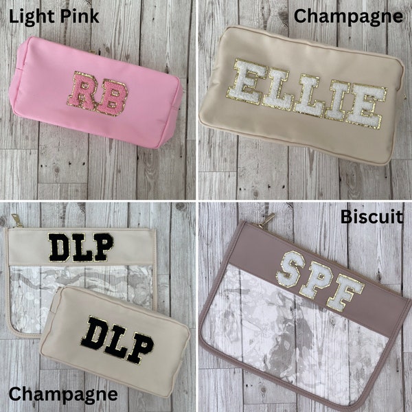 Personalised Nylon Make Up Cosmetic Travel Bags with Chenille Patches | Bridesmaids | Holiday | Hen Party | Toiletry Bag | Bag With Letters.
