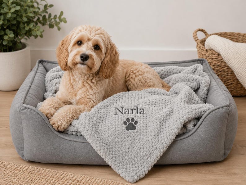 Pode incluir: Um c&atilde;o de pelo claro e ondulado descansa numa cama retangular cinzenta para animais. Uma manta cinzenta texturizada est&aacute; sobre a cama, apresentando o nome Narla bordado acima de um &iacute;cone de pata cinzento-escuro centrado.