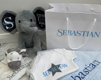 Baby Gift Set Bundle | Baby Newborn Keepsake Teddy Babygrow Blanket | Blanket With Name | Birth Stat Info | New Baby Gift Pregnancy Bundle.