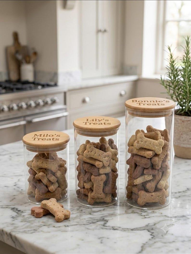Pode incluir: Tr&ecirc;s potes cil&iacute;ndricos de vidro transparente com tampas de madeira clara, cheios de petiscos para c&atilde;es em forma de osso. As tampas est&atilde;o gravadas com os nomes Milo's Treats, Lily's Treats e Bonnie's Treats.