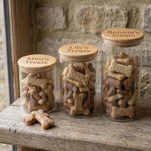 Pode incluir: Tr&ecirc;s potes cil&iacute;ndricos de vidro transparente cheios de petiscos para c&atilde;es em forma de osso. Cada pote tem uma tampa de madeira clara gravada com os nomes Milo's Treats, Lily's Treats e Bonnie's Treats.