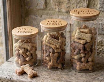 Personalised Pet Treat Jar with Bamboo Lid | Custom Dog Treat Glass Container | Engraved Cat Snack Container | New Puppy Gift | Pet Treats.