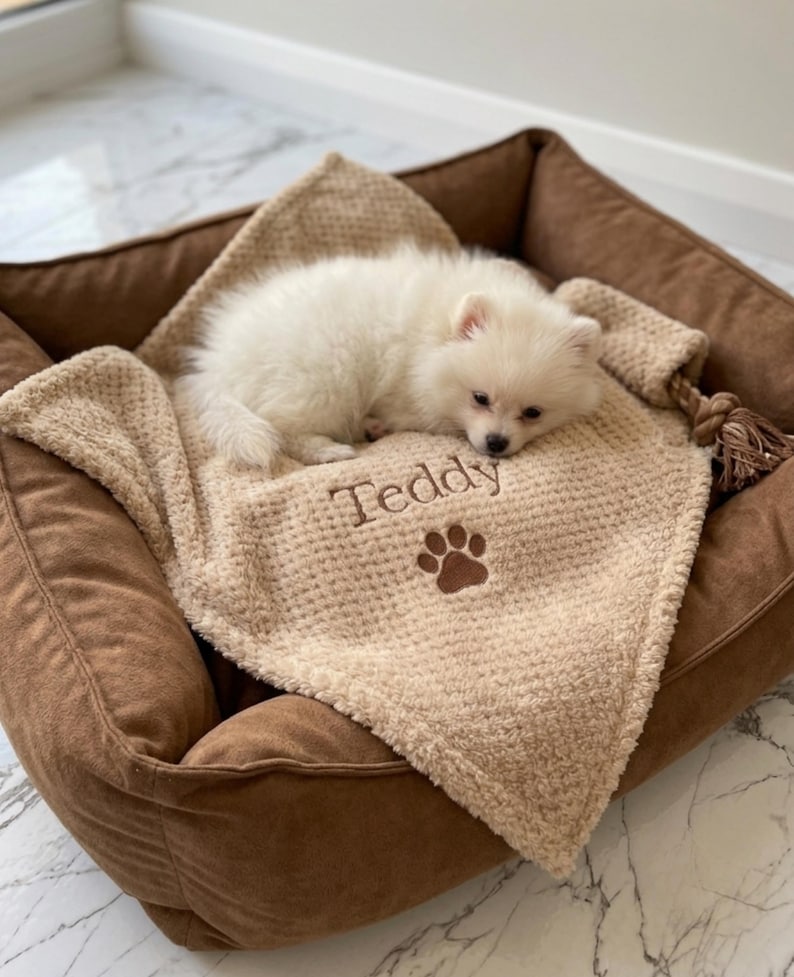 Pode incluir: Um pequeno cachorro branco descansando sobre um cobertor bege texturizado dentro de uma cama marrom para animais de estima&ccedil;&atilde;o. O cobertor apresenta o nome Teddy bordado em fio marrom acima de um &iacute;cone de pata, com um detalhe de borla.