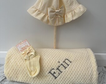Personalised Baby Blanket Gift Set With Matching Hat & Socks | Spring Easter Cosy Baby Kids Bundle | Embroidered Baby Blanket Hat Socks