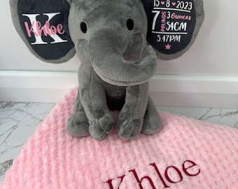 Recuerdo de elefante / Información de estadísticas de nacimiento / Regalo personalizado para recién nacidos / Peluche de elefante de peluche / Anuncio de nacimiento / Recuerdo de bebé / Regalo de nuevo bebé.