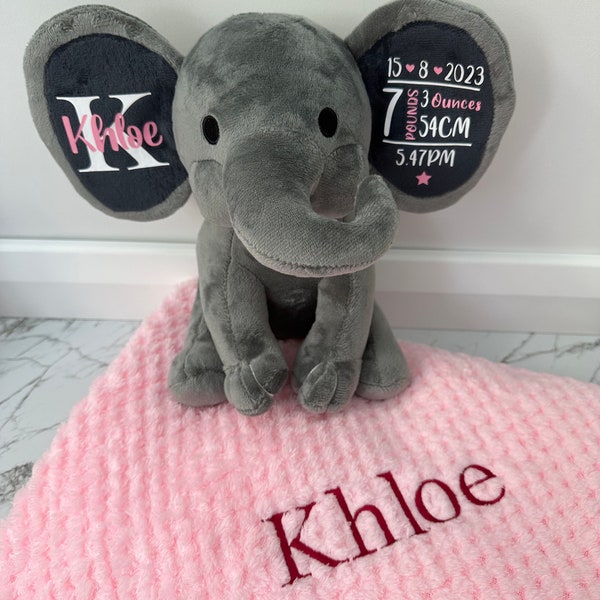 Elephant keepsake | Birth stat info | Personalised newborn gift | Plush elephant teddy | Birth announcement | Baby keepsake | New Baby Gift.
