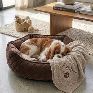 Pode incluir: Uma cama acolchoada para animais de estima&ccedil;&atilde;o castanha com uma manta bege de textura macia sobre o lado. A manta apresenta o nome bordado Ember e um &iacute;cone de pata castanha. Um c&atilde;o branco e castanho dorme dentro da cama.