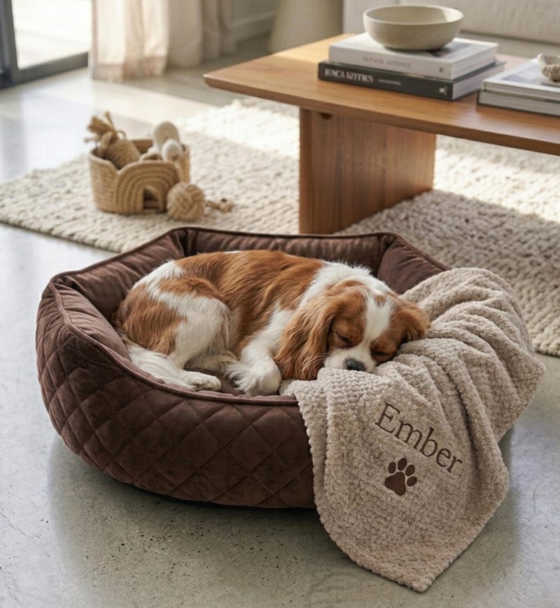 Pode incluir: Uma cama acolchoada para animais de estima&ccedil;&atilde;o castanha com uma manta bege de textura macia sobre o lado. A manta apresenta o nome bordado Ember e um &iacute;cone de pata castanha. Um c&atilde;o branco e castanho dorme dentro da cama.