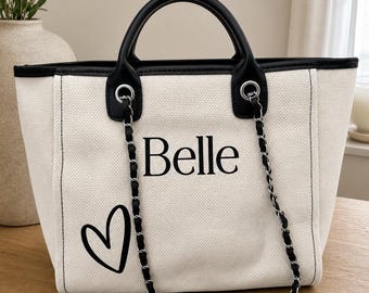 Luxury Personalised Canvas Tote Bag with Name & Heart | Black Cream Minimalist Handbag | Bridesmaid Gift Wedding | Custom Gift for Her