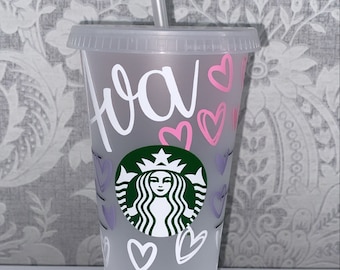 Personalisierte Starbucks-Tasse | Herz Ombré Becher Kalttasse | Kaffee Geschenk | Wiederverwendbare Starbucks Geschenk 700ml | 24 Unzen Fashion Venti Cup mit Strohhalm