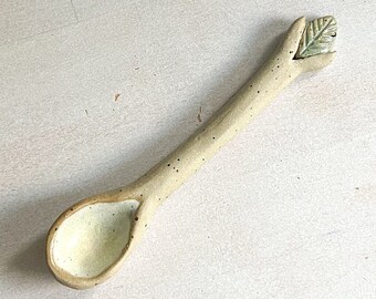 Ceramic spoon "leaf in a stem" stoneware, hand-made, cream, boho, Mediterranean