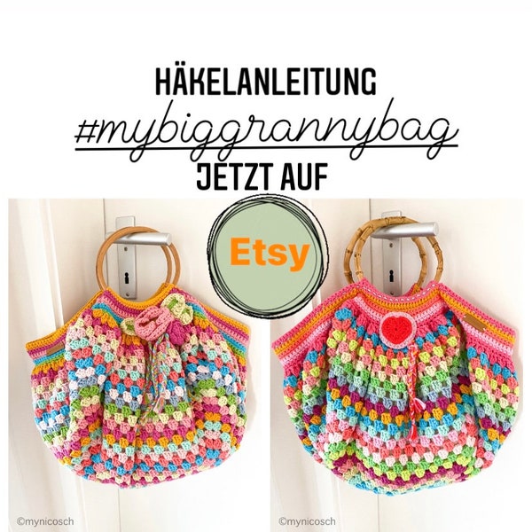 HÄKELANLEITUNG Häkeltasche, „ MyBIGgrannybag " , Bohotasche, Ibizastyle, Sommertasche, Strandtasche, Beuteltasche, Bambusgriffe - DEUTSCH