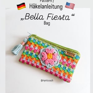 HÄKELANLEITUNG Häkeltasche „ Bella Fiesta“ , Bohotasche mit Blumenapplikation, Clutch, inkl Nähanleitung + Video Hilfen, deutsch & englisch