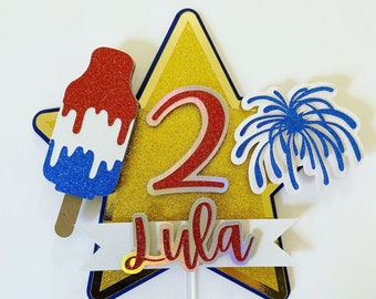 Fourth of July Birthday Cake Topper, Fireworks, Our Little Firecracker