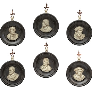 Set of Six 18th Century Ivory Round Frames in Ebonized Wood Representing Profiles of Sovereigns