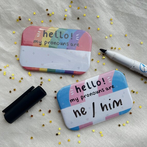 Large Blank Pronoun Badge - Rainbow or Trans Flag Pride Badge - Customisable | Any Pronouns! e.g. she/they, he/they, xe/xem, ey/em, ne/nem